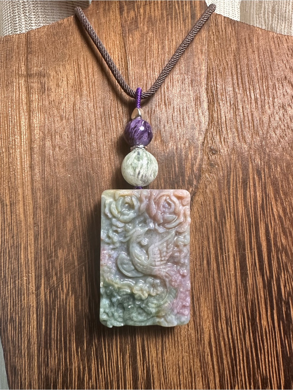 Ocean Jasper Phoenix Pendant Necklace with Feather Fluorite on Brown Rope - Picture 10 of 15